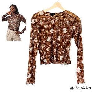 Floral Sheer Mesh Top Y2K Brown w/ White Crop Top Size Medium